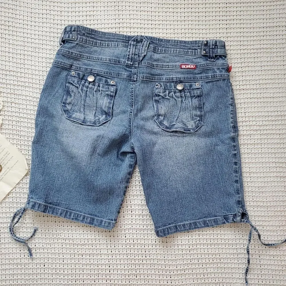 Y2k bongo long inseam denim shorts with ties on the leg